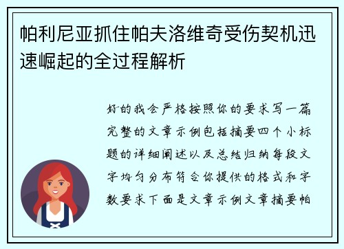 帕利尼亚抓住帕夫洛维奇受伤契机迅速崛起的全过程解析